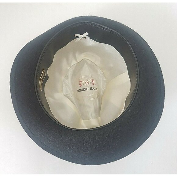Vintage Robert Hall Hat Black Size 7 Genuine Fur Felt Hat Feather Made In USA - Picture 4 of 12